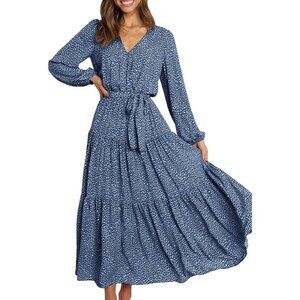 PrettyGarden Women Blue Polyester V Neck Long Sleeve Floral Maxi Dress